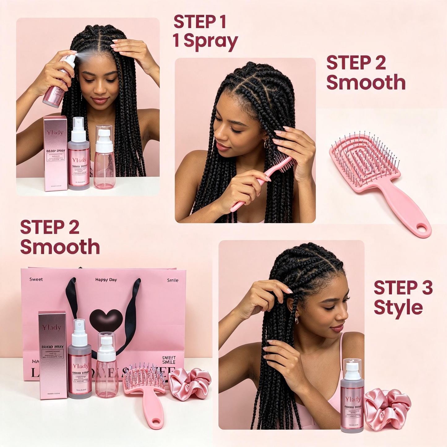 Ylady Braid Spray Gift Kit, Braids Moisturizing Spray Set for 2A‑4C Natural Curly Hair, Includes Spray Bottle, Detangler Brush & Satin Scrunchie