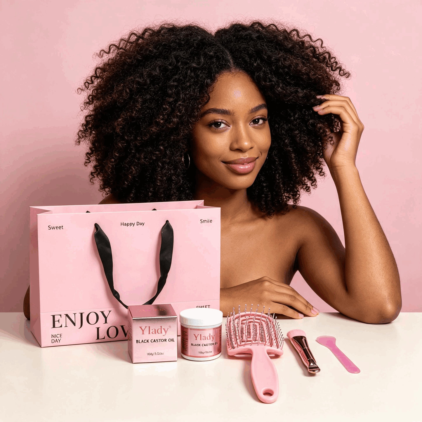 Ylady Black Castor Oil Grease Gift Kit, Hair Moisturizing Grease Set for 2A‑4C Natural Curly Hair, Includes Detangler Brush, Applicator Brush & Spatula