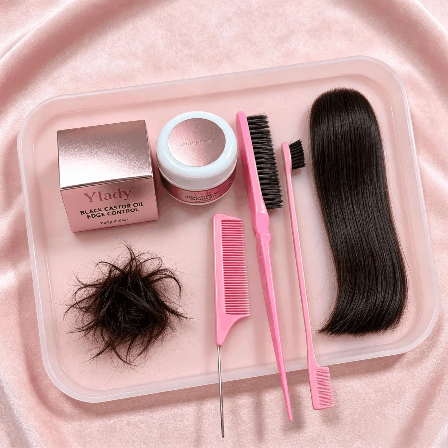 Ylady Black Castor Oil Edge Control Gift Kit, Long‑Lasting Edge Hold for 2A‑4C Natural Curly Hair, With Edge Brushes & Rat Tail Comb