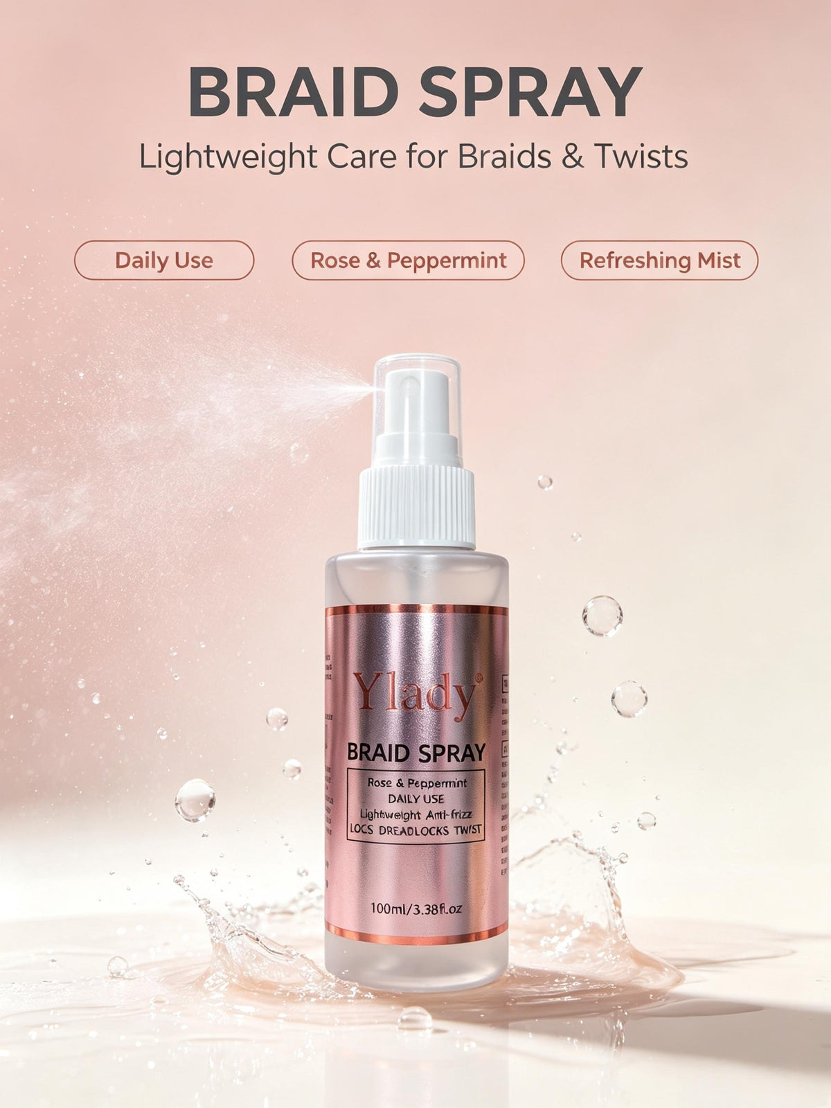 Ylady Braid Spray 100ml Rose & Peppermint, Lightweight Anti‑Frizz Spray for Locs, Dreadlocks & Twist Hairstyles