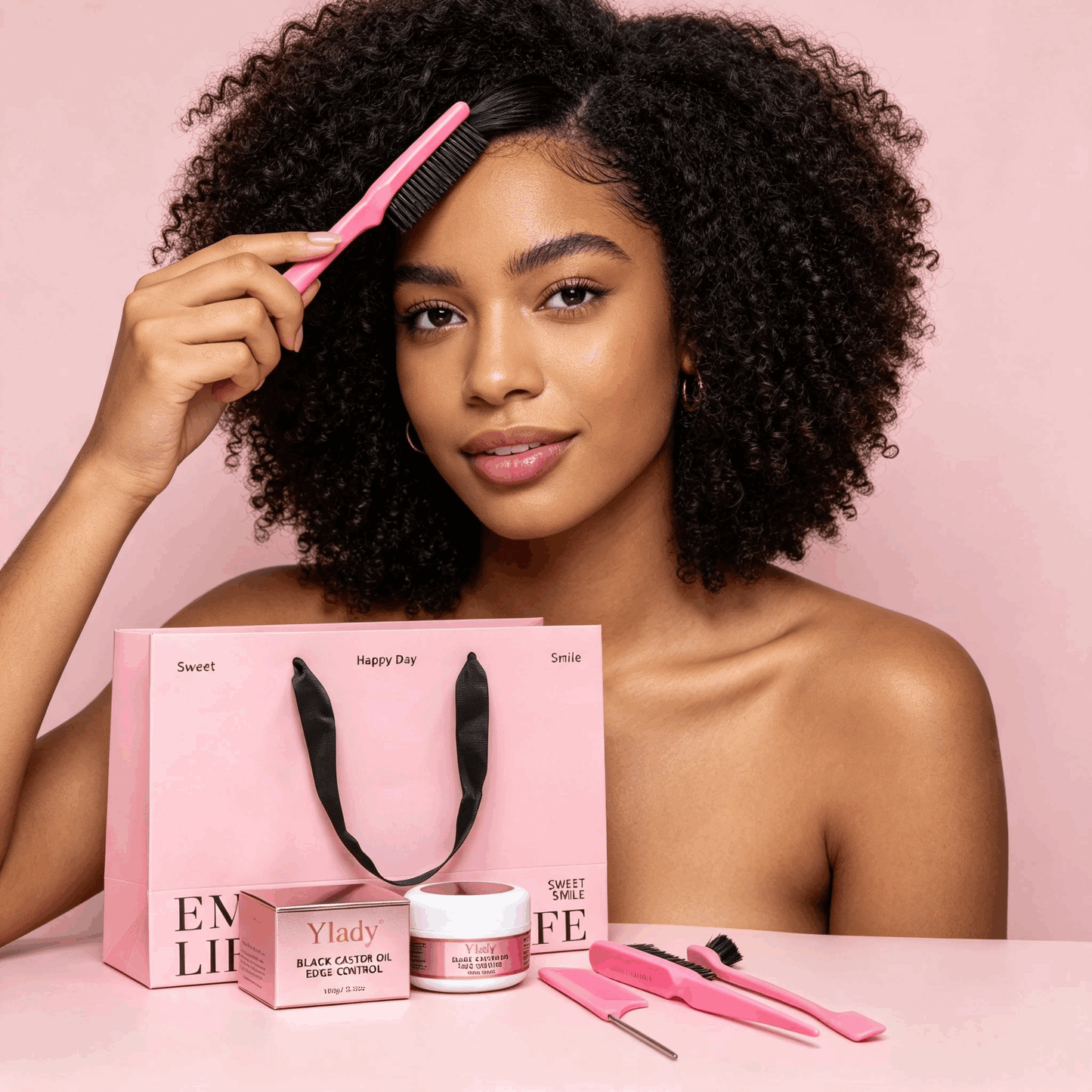 Ylady Black Castor Oil Edge Control Gift Kit, Long‑Lasting Edge Hold for 2A‑4C Natural Curly Hair, With Edge Brushes & Rat Tail Comb