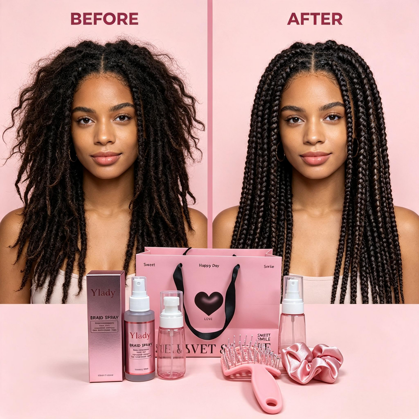 Ylady Braid Spray Gift Kit, Braids Moisturizing Spray Set for 2A‑4C Natural Curly Hair, Includes Spray Bottle, Detangler Brush & Satin Scrunchie