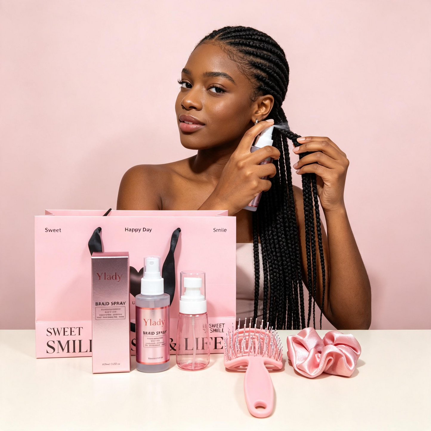 Ylady Braid Spray Gift Kit, Braids Moisturizing Spray Set for 2A‑4C Natural Curly Hair, Includes Spray Bottle, Detangler Brush & Satin Scrunchie