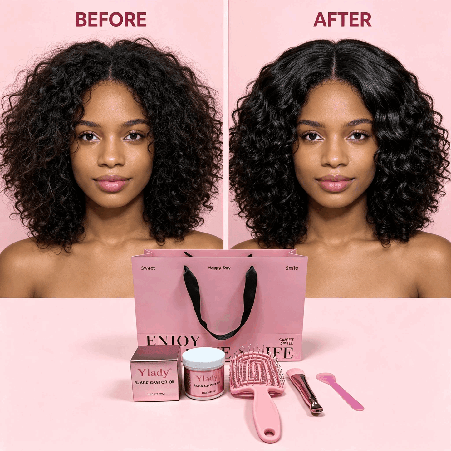 Ylady Black Castor Oil Grease Gift Kit, Hair Moisturizing Grease Set for 2A‑4C Natural Curly Hair, Includes Detangler Brush, Applicator Brush & Spatula