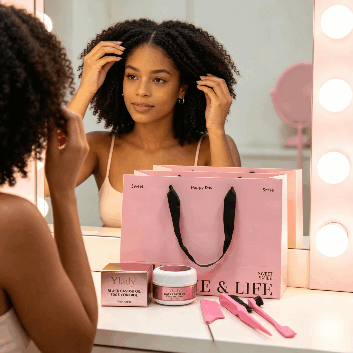 Ylady Black Castor Oil Edge Control Gift Kit, Long‑Lasting Edge Hold for 2A‑4C Natural Curly Hair, With Edge Brushes & Rat Tail Comb