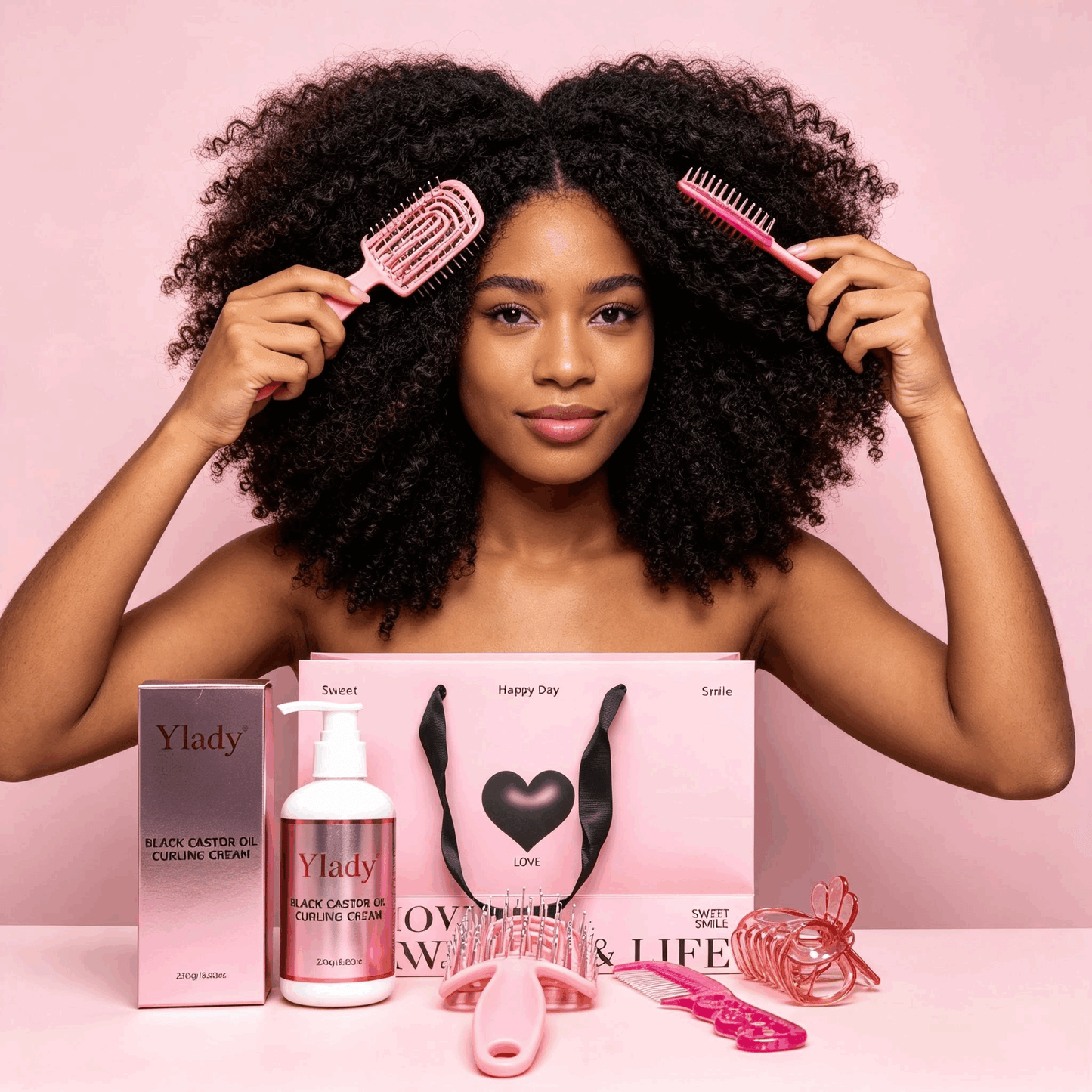 Ylady Black Castor Oil Curling Cream Complete Hair Care Kit | Defines Curls for 2A‑4C Textured Natural Hair, Includes Curling Cream, Hair Brush, Rat‑Tail Comb & Hair Clips for Daily Hairstyling