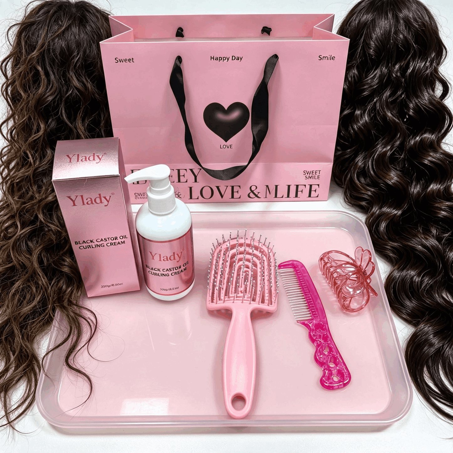 Ylady Black Castor Oil Curling Cream Complete Hair Care Kit | Defines Curls for 2A‑4C Textured Natural Hair, Includes Curling Cream, Hair Brush, Rat‑Tail Comb & Hair Clips for Daily Hairstyling