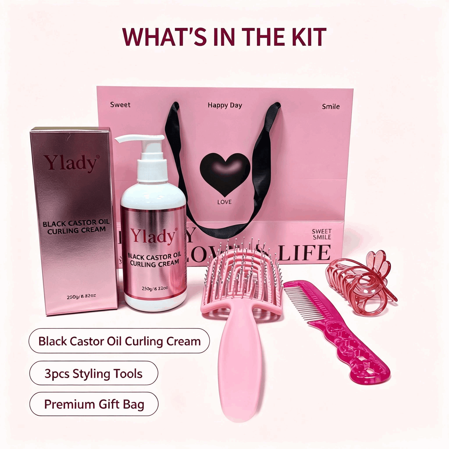 Ylady Black Castor Oil Curling Cream Complete Hair Care Kit | Defines Curls for 2A‑4C Textured Natural Hair, Includes Curling Cream, Hair Brush, Rat‑Tail Comb & Hair Clips for Daily Hairstyling