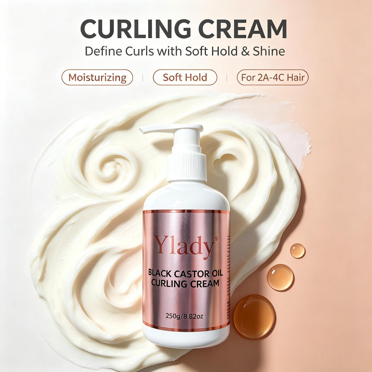 Ylady Black Castor Oil Curling Cream 250g, Defining Curl Cream for 2A‑4C Textured Hair