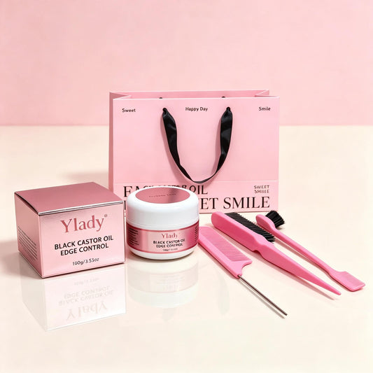 Ylady Black Castor Oil Edge Control Gift Kit, Long‑Lasting Edge Hold for 2A‑4C Natural Curly Hair, With Edge Brushes & Rat Tail Comb